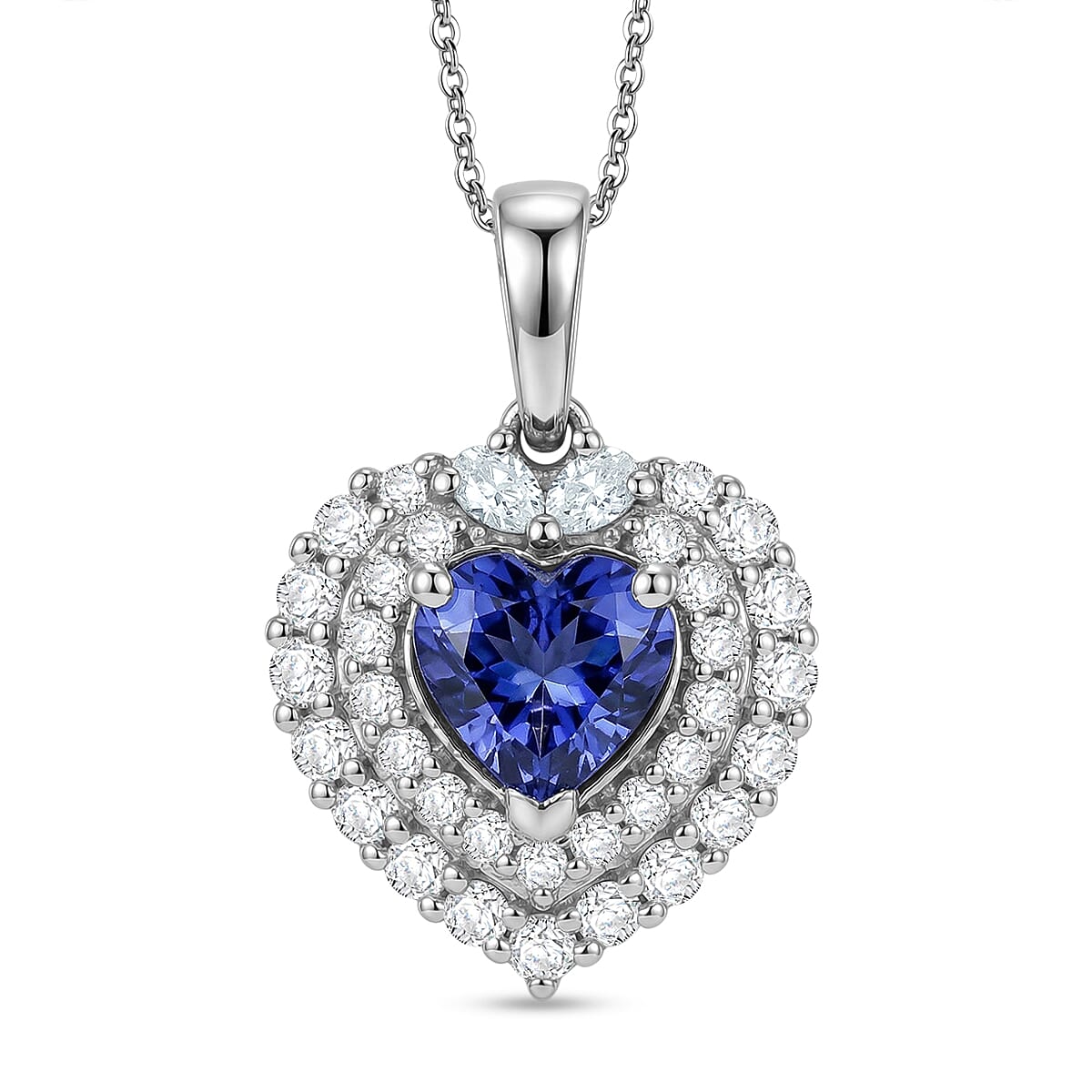 Certified & Appraised D'Joy Tanzanite and Moissanite 1.75 ctw Heart Pendant Necklace in Rhodium Over Sterling Silver 20 Inches