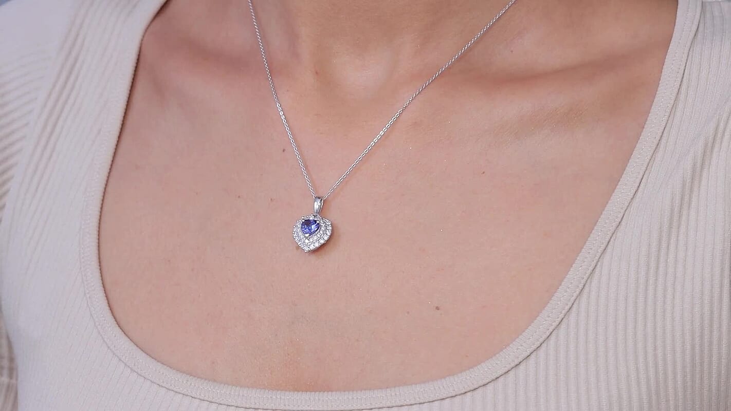 D'Joy Tanzanite and Moissanite 1.75 ctw Heart Pendant Necklace in Rhodium Over Sterling Silver 20 Inches