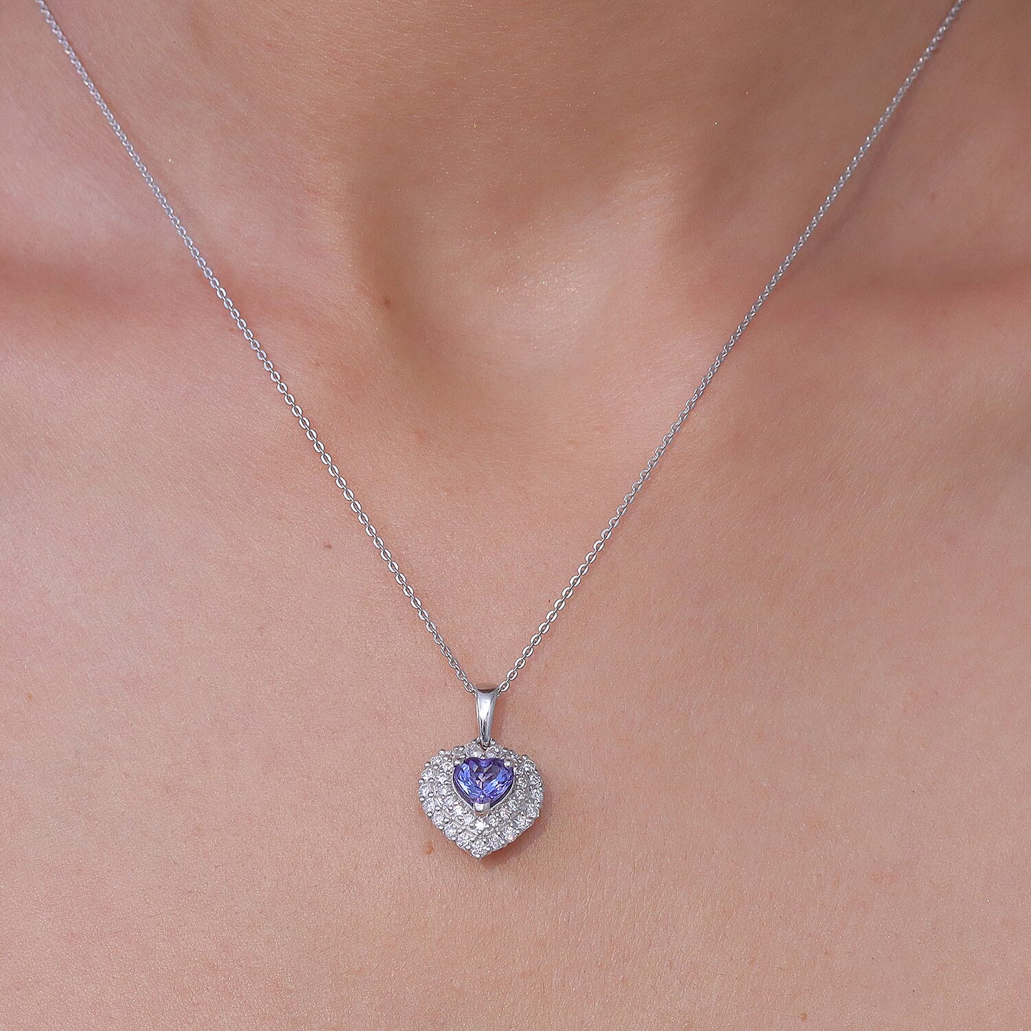 Certified & Appraised D'Joy Tanzanite and Moissanite 1.75 ctw Heart Pendant Necklace in Rhodium Over Sterling Silver 20 Inches