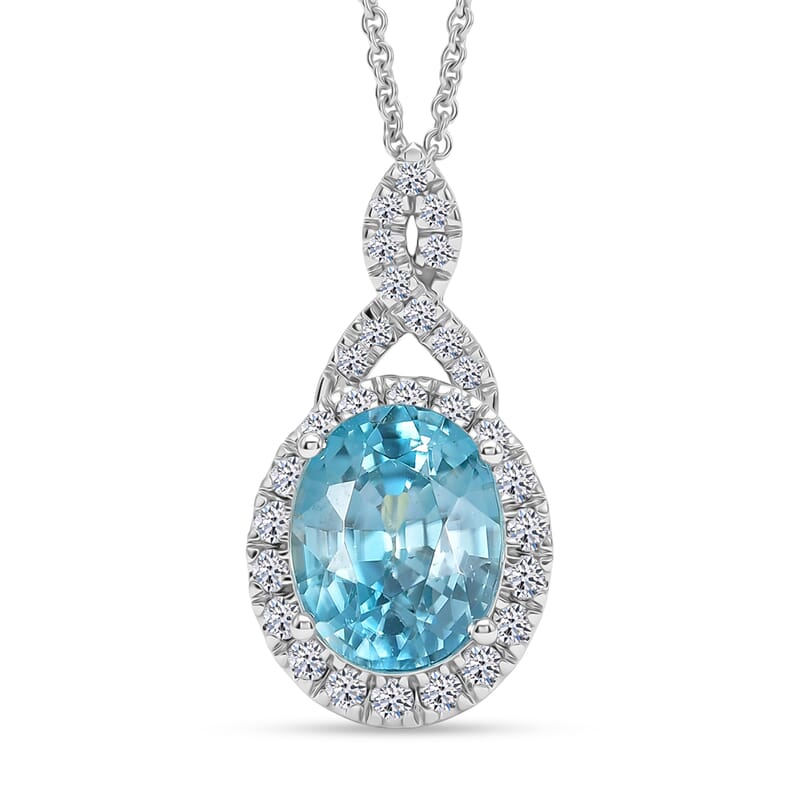 Certified and Appraised AAA Cambodian Blue Zircon and Luxuriant Lab Grown Diamond G-H SI 4.00 ctw Pendant Necklace in 10K White Gold 20 Inches