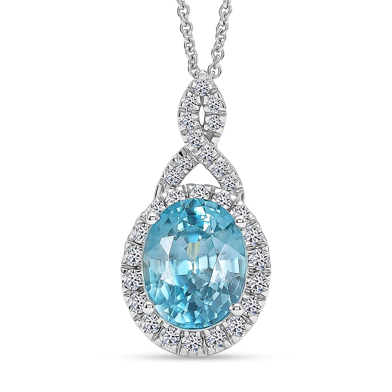 Certified and Appraised AAA Cambodian Blue Zircon and Luxuriant Lab Grown Diamond G-H SI 4.00 ctw Pendant Necklace in 10K White Gold 20 Inches