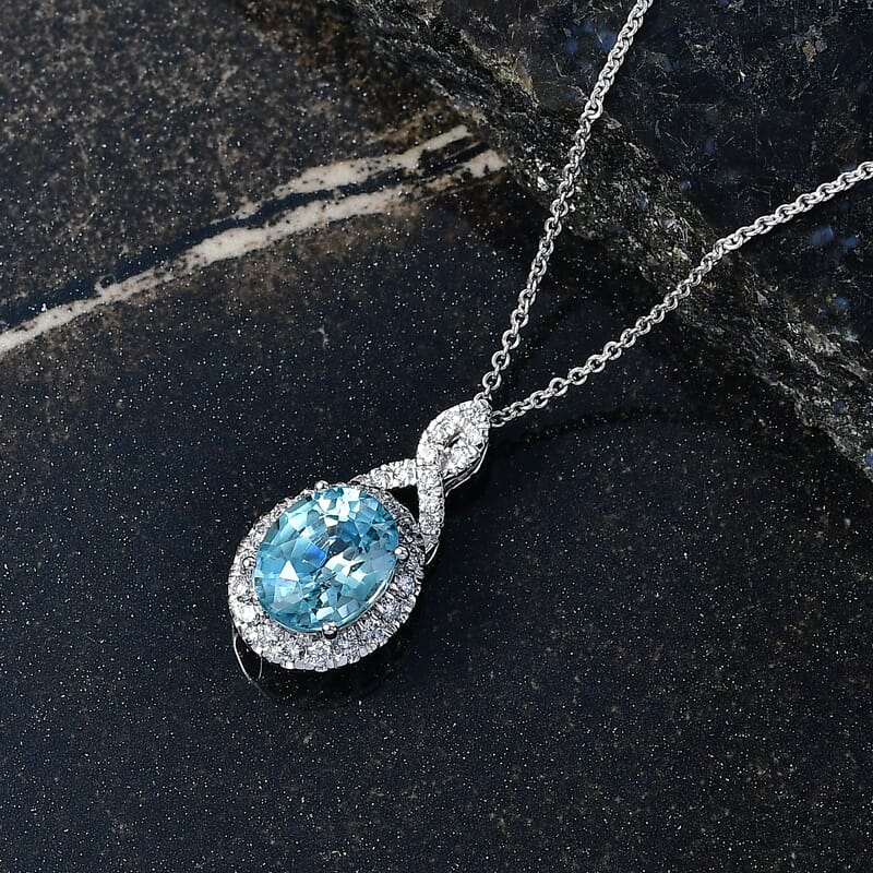 Certified and Appraised AAA Cambodian Blue Zircon and Luxuriant Lab Grown Diamond G-H SI 4.00 ctw Pendant Necklace in 10K White Gold 20 Inches