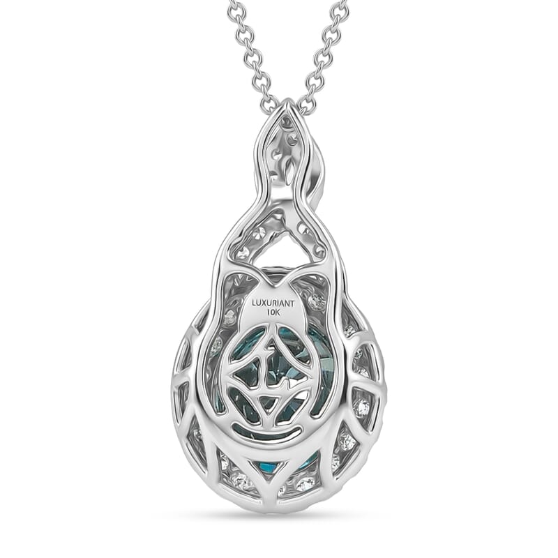 Certified and Appraised AAA Cambodian Blue Zircon and Luxuriant Lab Grown Diamond G-H SI 4.00 ctw Pendant Necklace in 10K White Gold 20 Inches