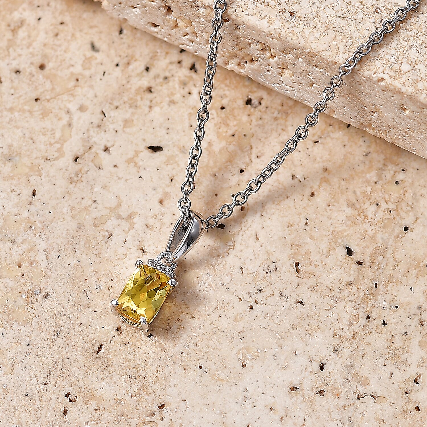 EverTrue Yellow Beryl and White Zircon 1.00 ctw Pendant in Platinum Bond with Stainless Steel Necklace (20 Inches)