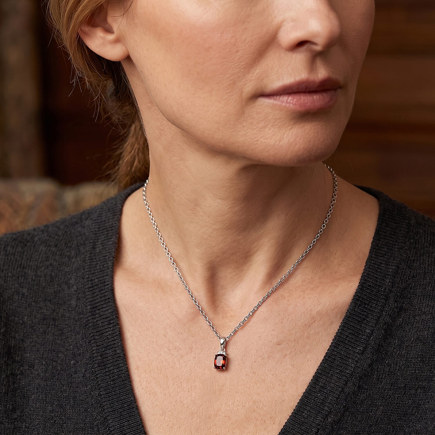 EverTure Cherry Citrine and White Zircon 0.85 ctw Pendant in Platinum Bond with Stainless Steel Necklace 20 Inches
