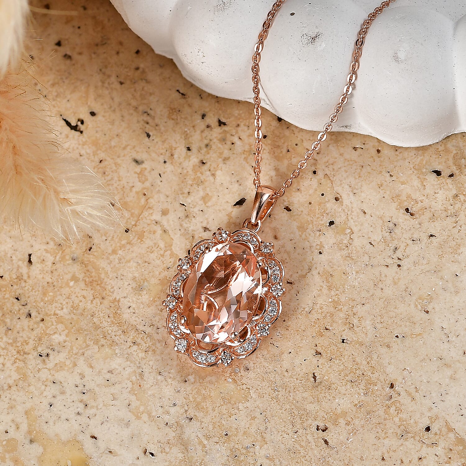 D'Joy Morganite Quartz (Triplet) and White Zircon 6.30 ctw Pendant Necklace in 18K Vermeil Rose Gold Over Sterling Silver 20 Inches