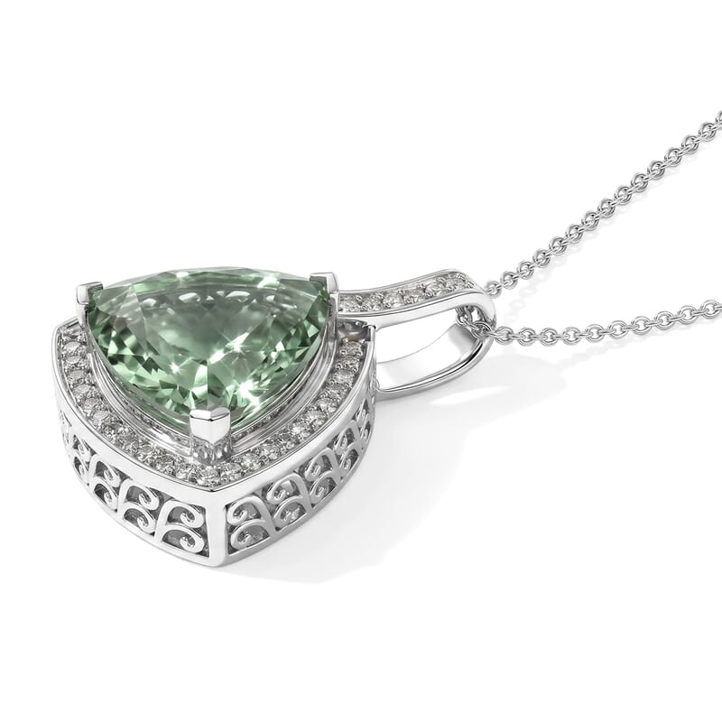 D'Joy Mint Green Fluorite and White Zircon 10.50 ctw Pendant Necklace in Rhodium Over Sterling Silver 20 Inches