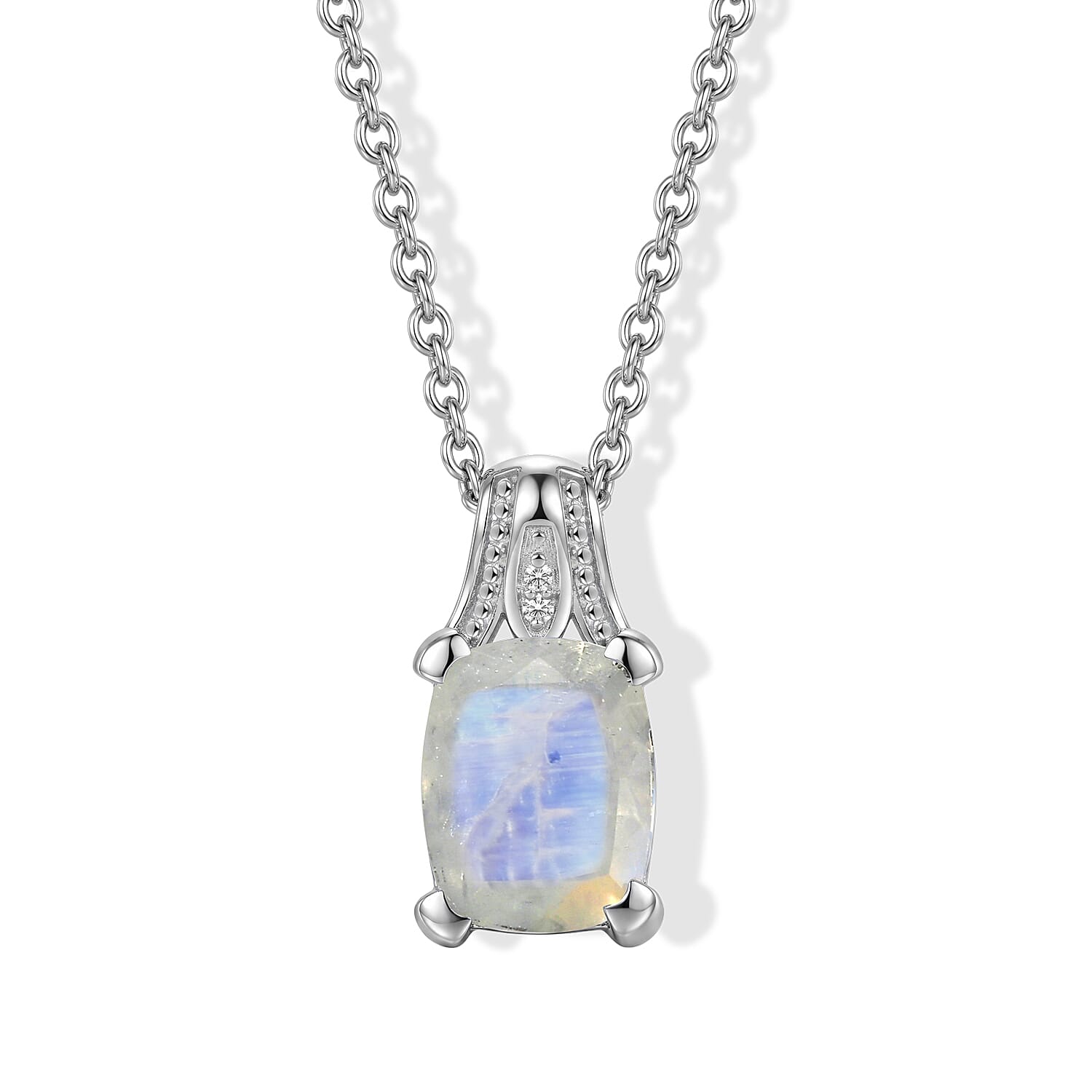 EverTrue Rainbow Moonstone and White Zircon 2.80 ctw Pendant in Platinum Bond with Stainless Steel Necklace 20 Inches