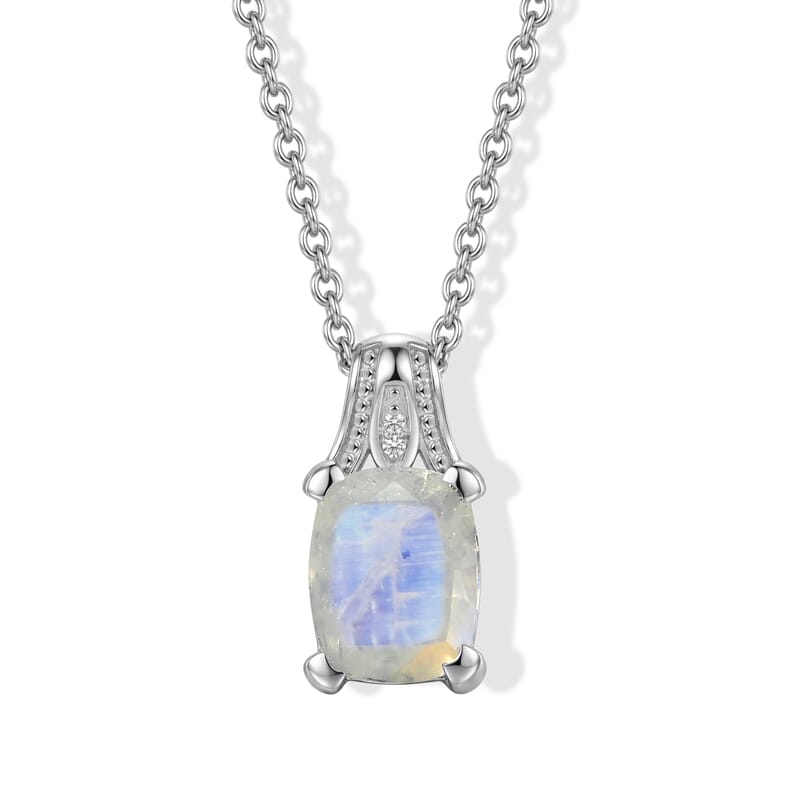 EverTrue Rainbow Moonstone and White Zircon 2.80 ctw Pendant in Platinum Bond with Stainless Steel Necklace 20 Inches