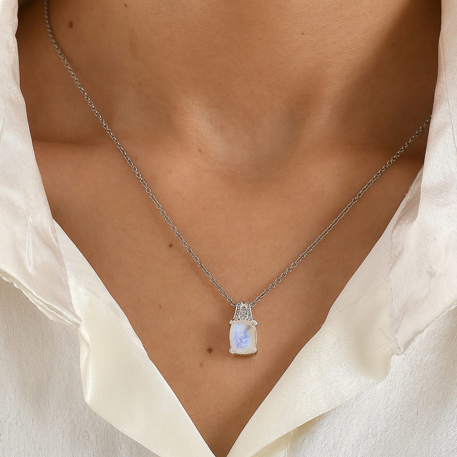 EverTrue Rainbow Moonstone and White Zircon 2.80 ctw Pendant in Platinum Bond with Stainless Steel Necklace 20 Inches