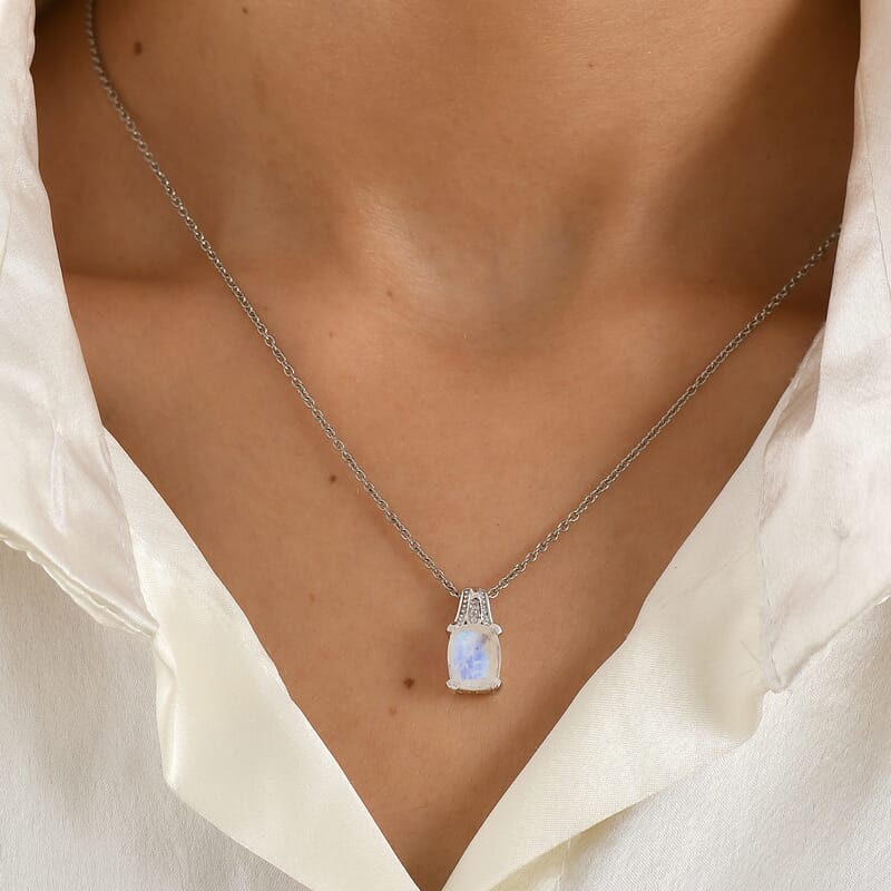 EverTrue Rainbow Moonstone and White Zircon 2.80 ctw Pendant in Platinum Bond with Stainless Steel Necklace 20 Inches