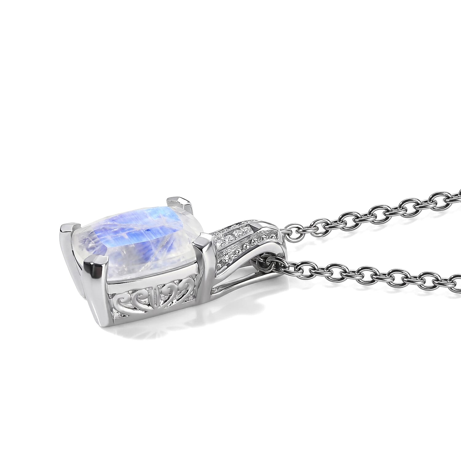 EverTrue Rainbow Moonstone and White Zircon 2.80 ctw Pendant in Platinum Bond with Stainless Steel Necklace 20 Inches