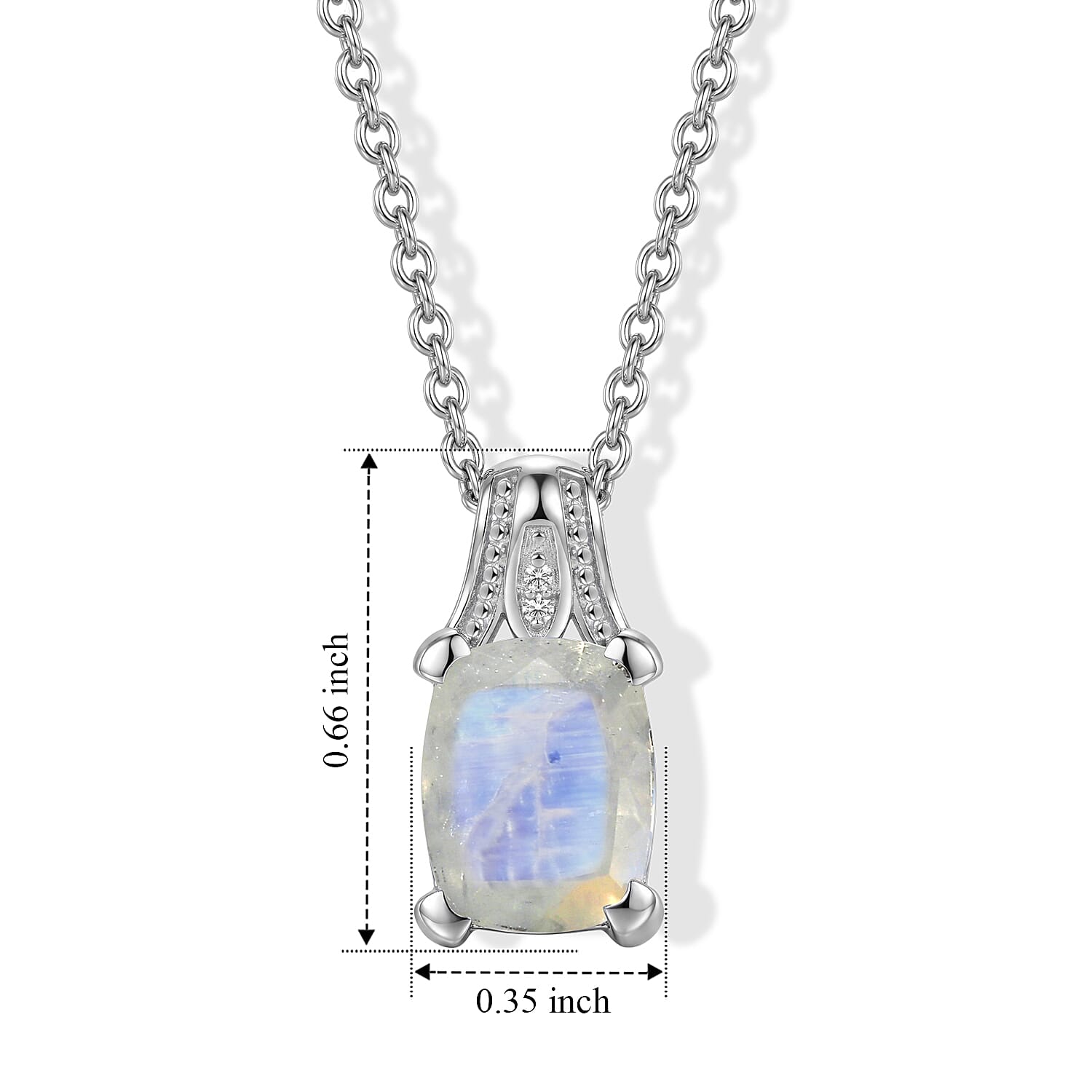 EverTrue Rainbow Moonstone and White Zircon 2.80 ctw Pendant in Platinum Bond with Stainless Steel Necklace 20 Inches