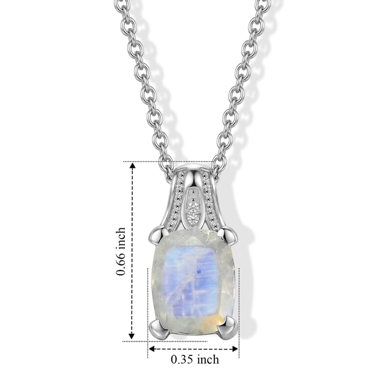EverTrue Rainbow Moonstone and White Zircon 2.80 ctw Pendant in Platinum Bond with Stainless Steel Necklace 20 Inches