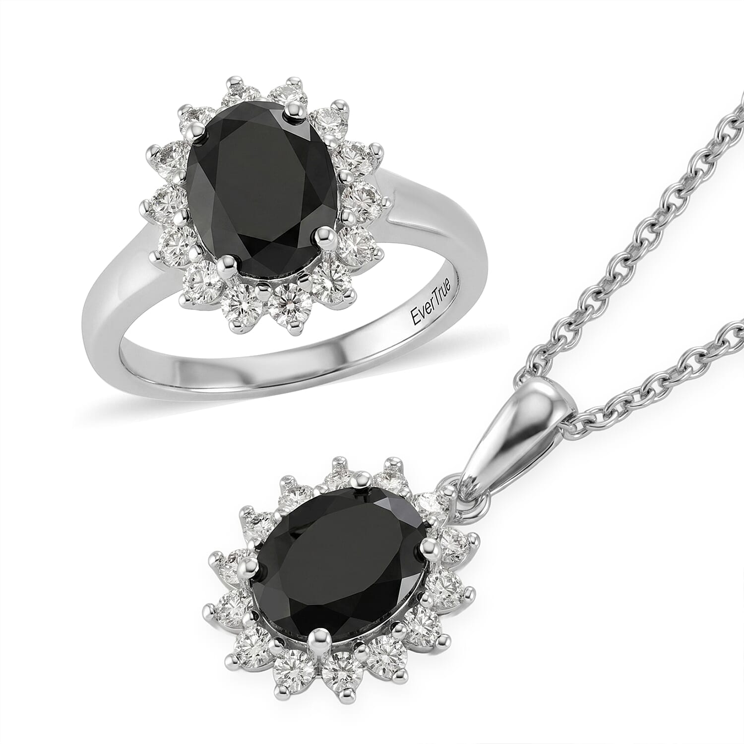 EverTrue Thai Black Spinel and White Zircon 5.90 ctw Ring (Size 6.0) and Pendant in Platinum Bond with Stainless Steel Necklace (20 Inches)