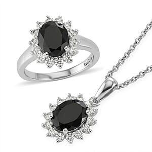 EverTrue Thai Black Spinel and White Zircon 5.90 ctw Ring (Size 6.0) and Pendant in Platinum Bond with Stainless Steel Necklace (20 Inches)