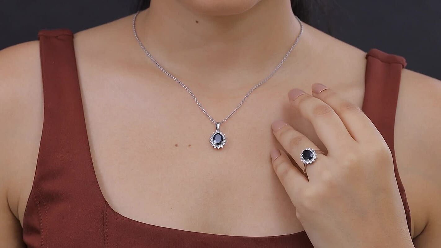 EverTrue Thai Black Spinel and White Zircon 5.90 ctw Ring (Size 6.0) and Pendant in Platinum Bond with Stainless Steel Necklace (20 Inches)