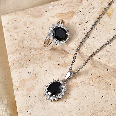 EverTrue Thai Black Spinel and White Zircon 5.90 ctw Ring (Size 6.0) and Pendant in Platinum Bond with Stainless Steel Necklace (20 Inches)