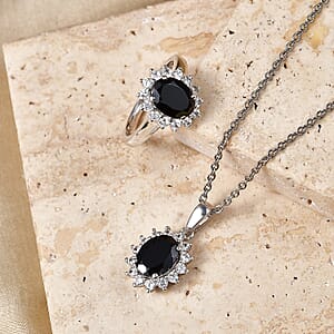 EverTrue Thai Black Spinel and White Zircon 5.90 ctw Ring (Size 7.0) and Pendant in Platinum Bond with Stainless Steel Necklace (20 Inches)