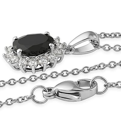EverTrue Thai Black Spinel and White Zircon 5.90 ctw Ring (Size 7.0) and Pendant in Platinum Bond with Stainless Steel Necklace (20 Inches)