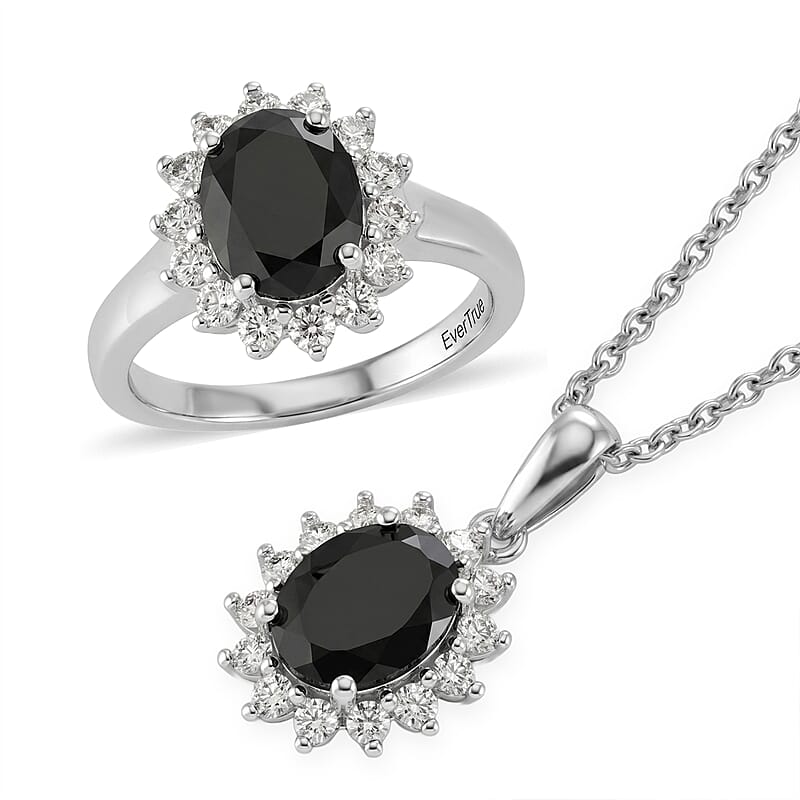EverTrue Thai Black Spinel and White Zircon 5.90 ctw Ring (Size 8.0) and Pendant in Platinum Bond with Stainless Steel Necklace (20 Inches)