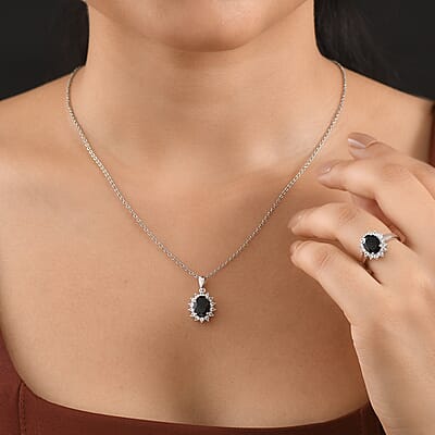 EverTrue Thai Black Spinel and White Zircon 5.90 ctw Ring (Size 8.0) and Pendant in Platinum Bond with Stainless Steel Necklace (20 Inches)