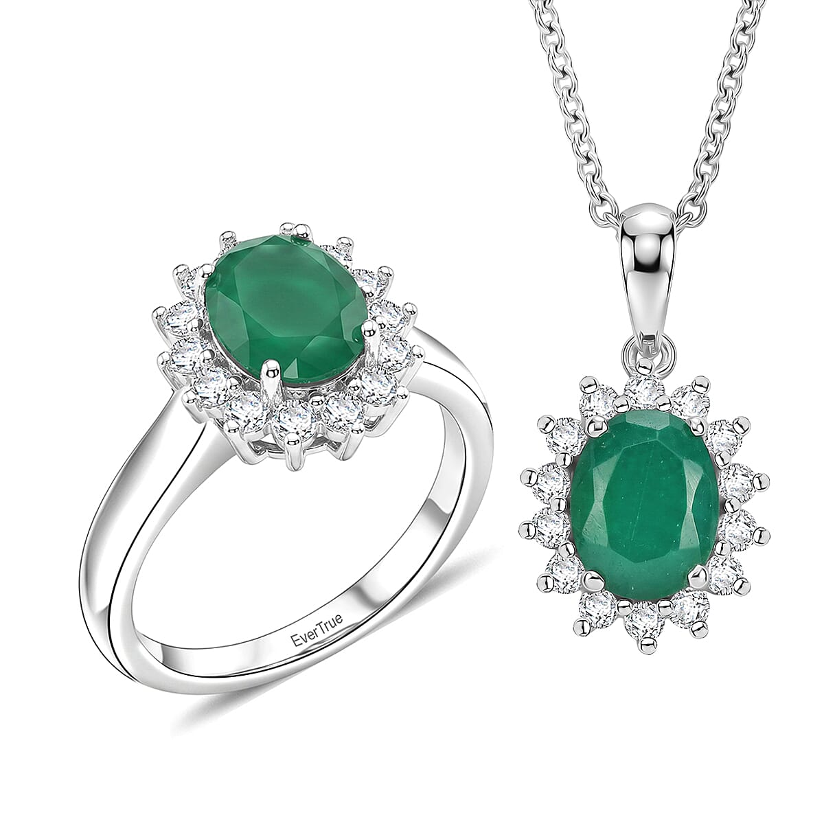 EverTrue Green Onyx and White Zircon 4.90 ctw Ring (Size 7.0) and Pendant in Platinum Bond with Stainless Steel Necklace (20 Inches)