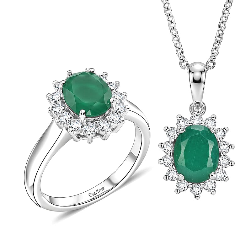 EverTrue Green Onyx and White Zircon 4.90 ctw Ring (Size 7.0) and Pendant in Platinum Bond with Stainless Steel Necklace (20 Inches)