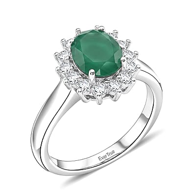 EverTrue Green Onyx and White Zircon 4.90 ctw Ring (Size 7.0) and Pendant in Platinum Bond with Stainless Steel Necklace (20 Inches)