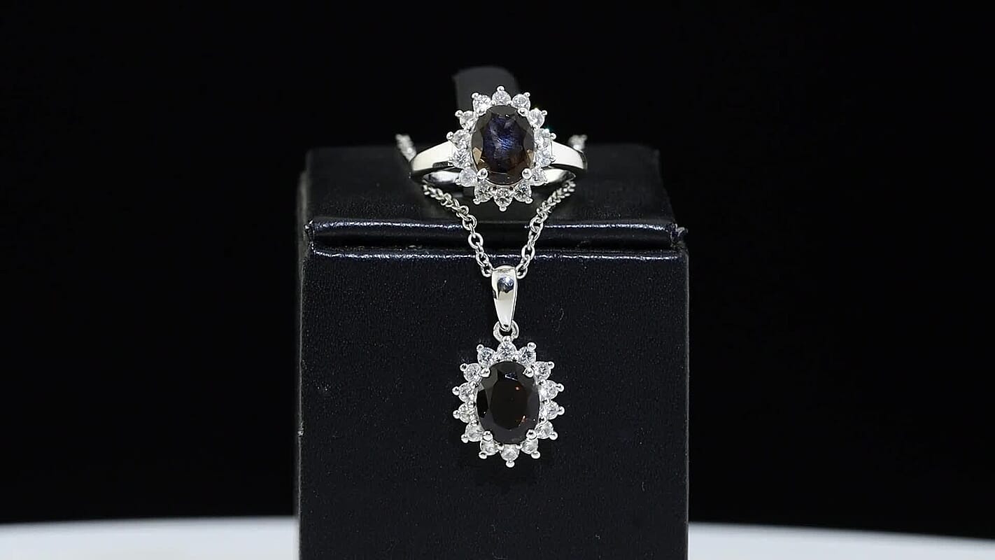 EverTrue Brazilian Smoky Quartz and White Zircon 4.85 ctw Ring (Size 8.00) and Pendant in Platinum Bond with Stainless Steel Necklace 20 Inches