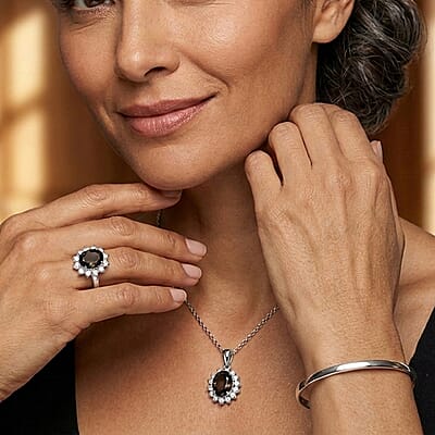 EverTrue Brazilian Smoky Quartz and White Zircon 4.85 ctw Ring (Size 8.00) and Pendant in Platinum Bond with Stainless Steel Necklace 20 Inches