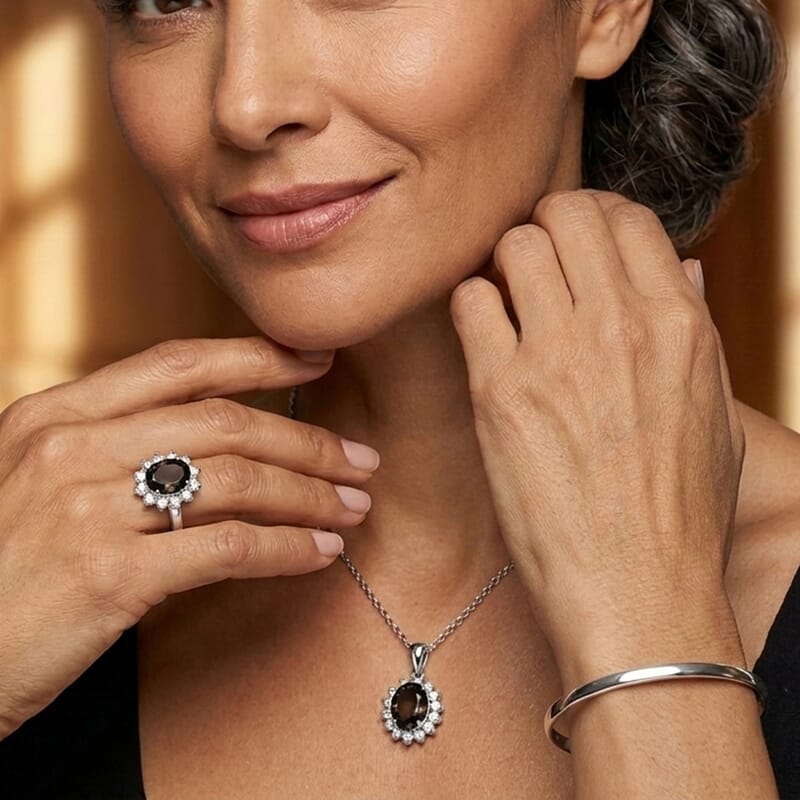 EverTrue Brazilian Smoky Quartz and White Zircon 4.85 ctw Ring (Size 8.00) and Pendant in Platinum Bond with Stainless Steel Necklace 20 Inches
