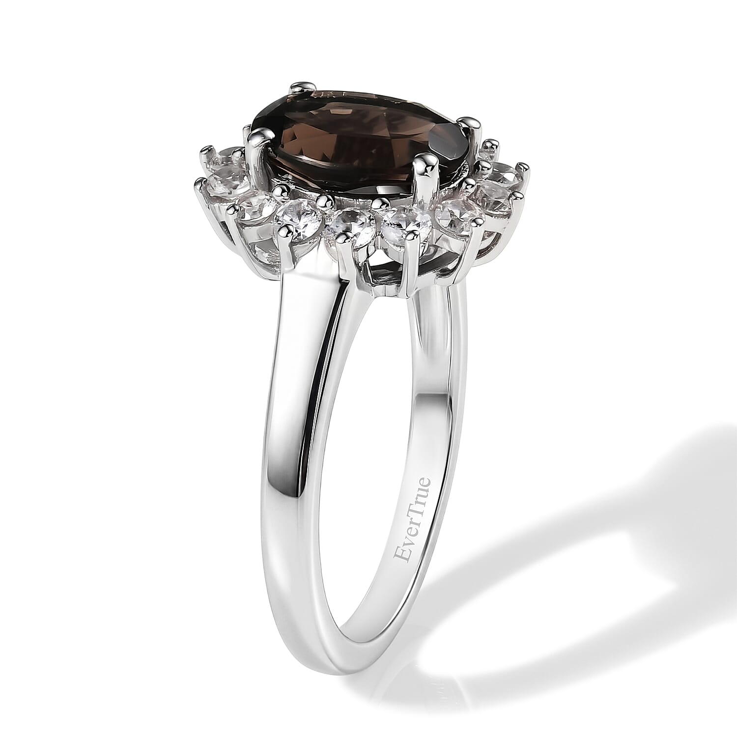 EverTrue Brazilian Smoky Quartz and White Zircon 4.85 ctw Ring (Size 8.00) and Pendant in Platinum Bond with Stainless Steel Necklace 20 Inches