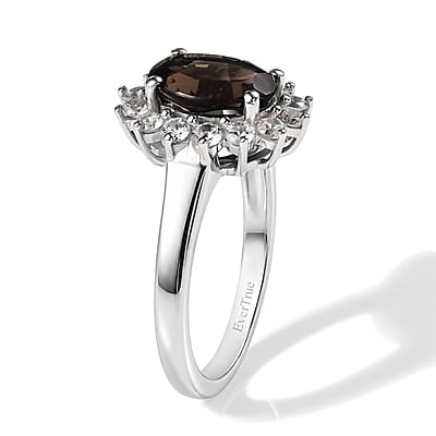EverTrue Brazilian Smoky Quartz and White Zircon 4.85 ctw Ring (Size 8.00) and Pendant in Platinum Bond with Stainless Steel Necklace 20 Inches