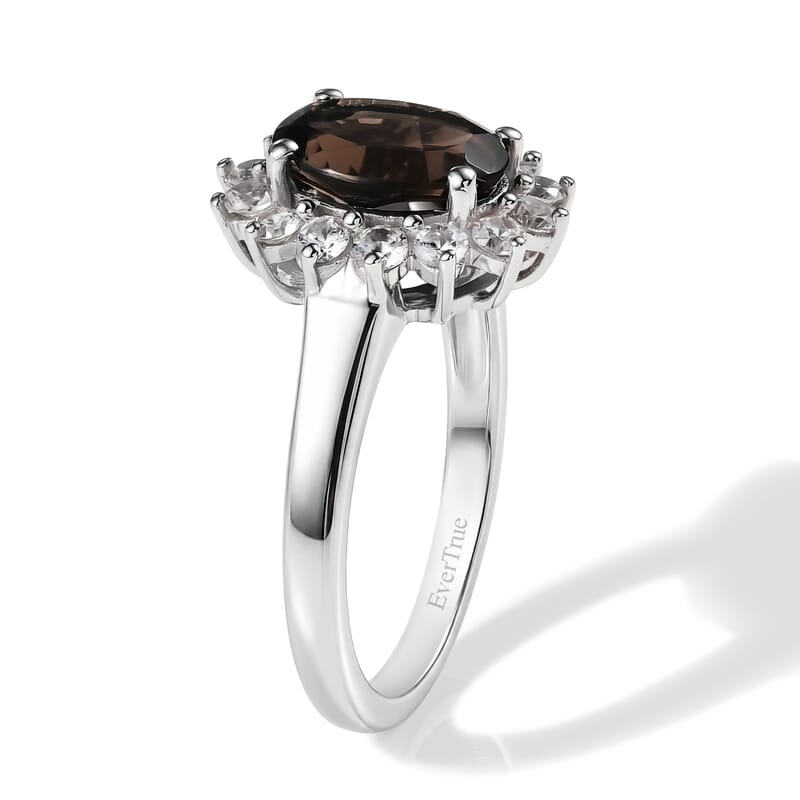 EverTrue Brazilian Smoky Quartz and White Zircon 4.85 ctw Ring (Size 8.00) and Pendant in Platinum Bond with Stainless Steel Necklace 20 Inches