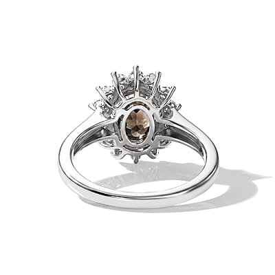 EverTrue Brazilian Smoky Quartz and White Zircon 4.85 ctw Ring (Size 8.00) and Pendant in Platinum Bond with Stainless Steel Necklace 20 Inches