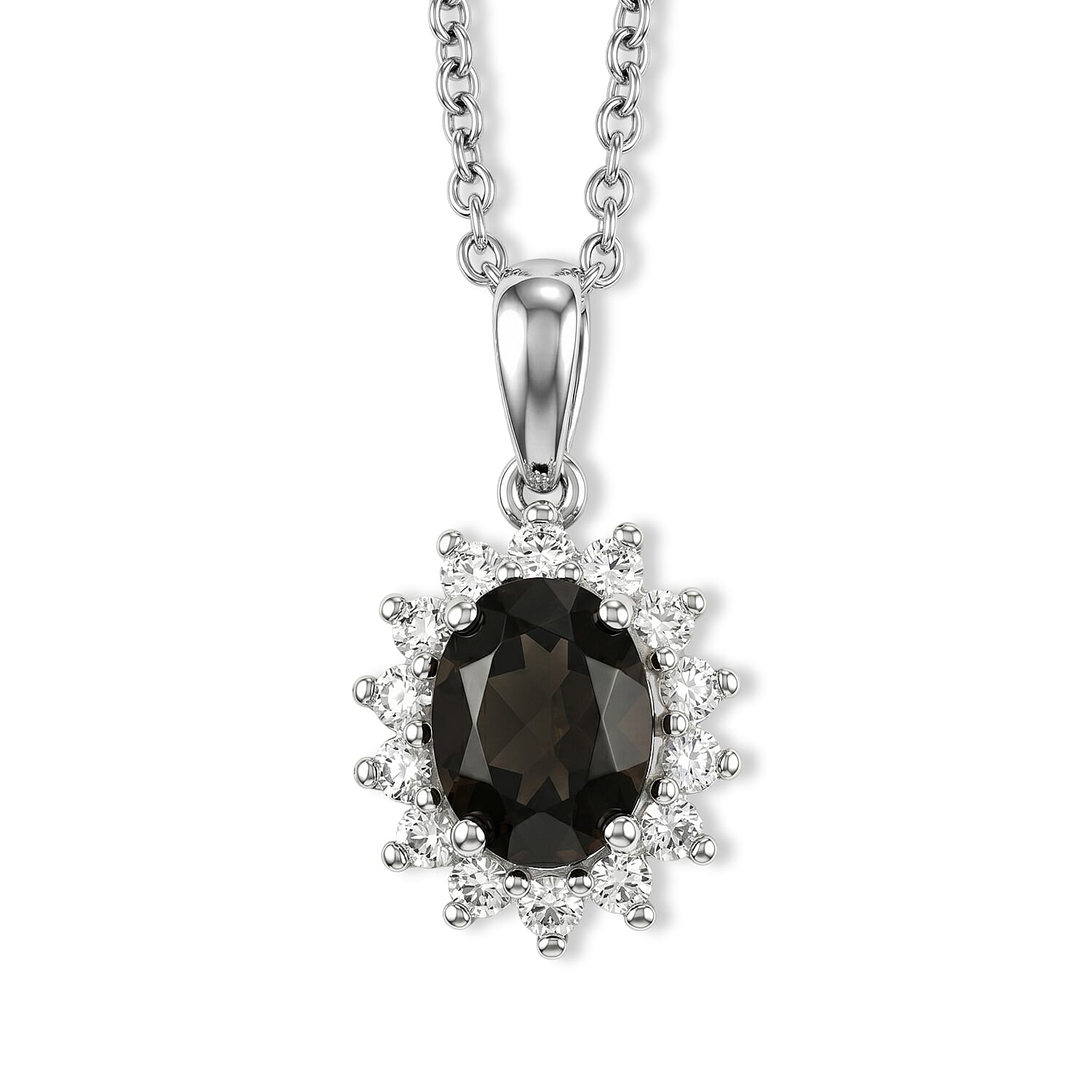 EverTrue Brazilian Smoky Quartz and White Zircon 4.85 ctw Ring (Size 8.00) and Pendant in Platinum Bond with Stainless Steel Necklace 20 Inches