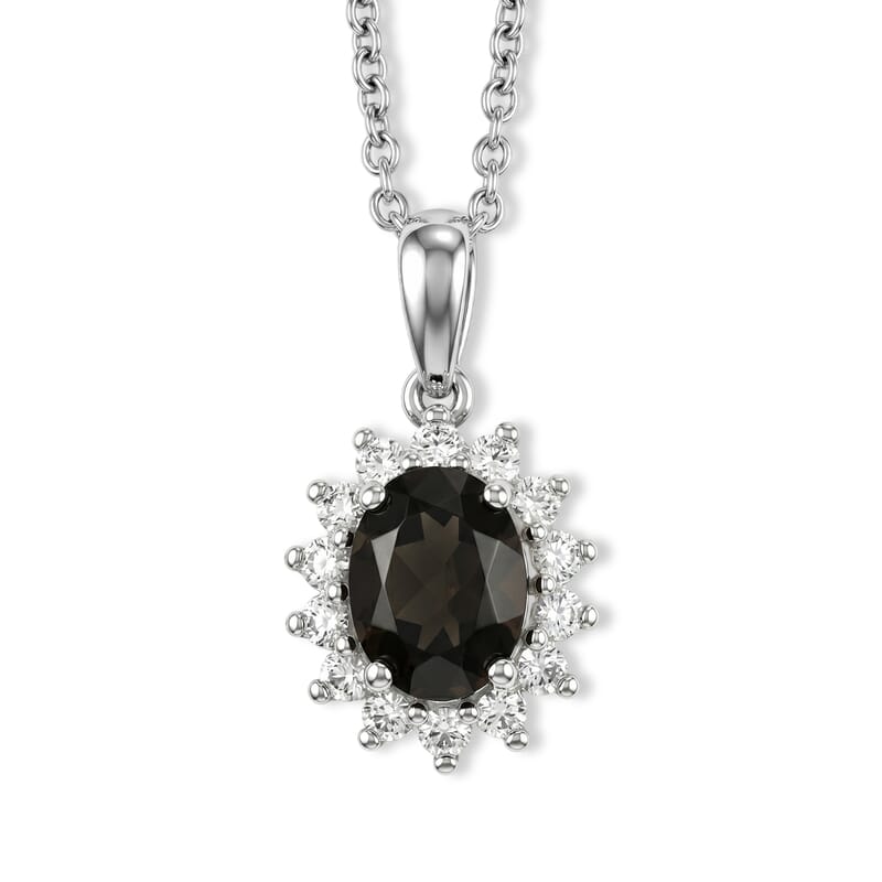 EverTrue Brazilian Smoky Quartz and White Zircon 4.85 ctw Ring (Size 8.00) and Pendant in Platinum Bond with Stainless Steel Necklace 20 Inches