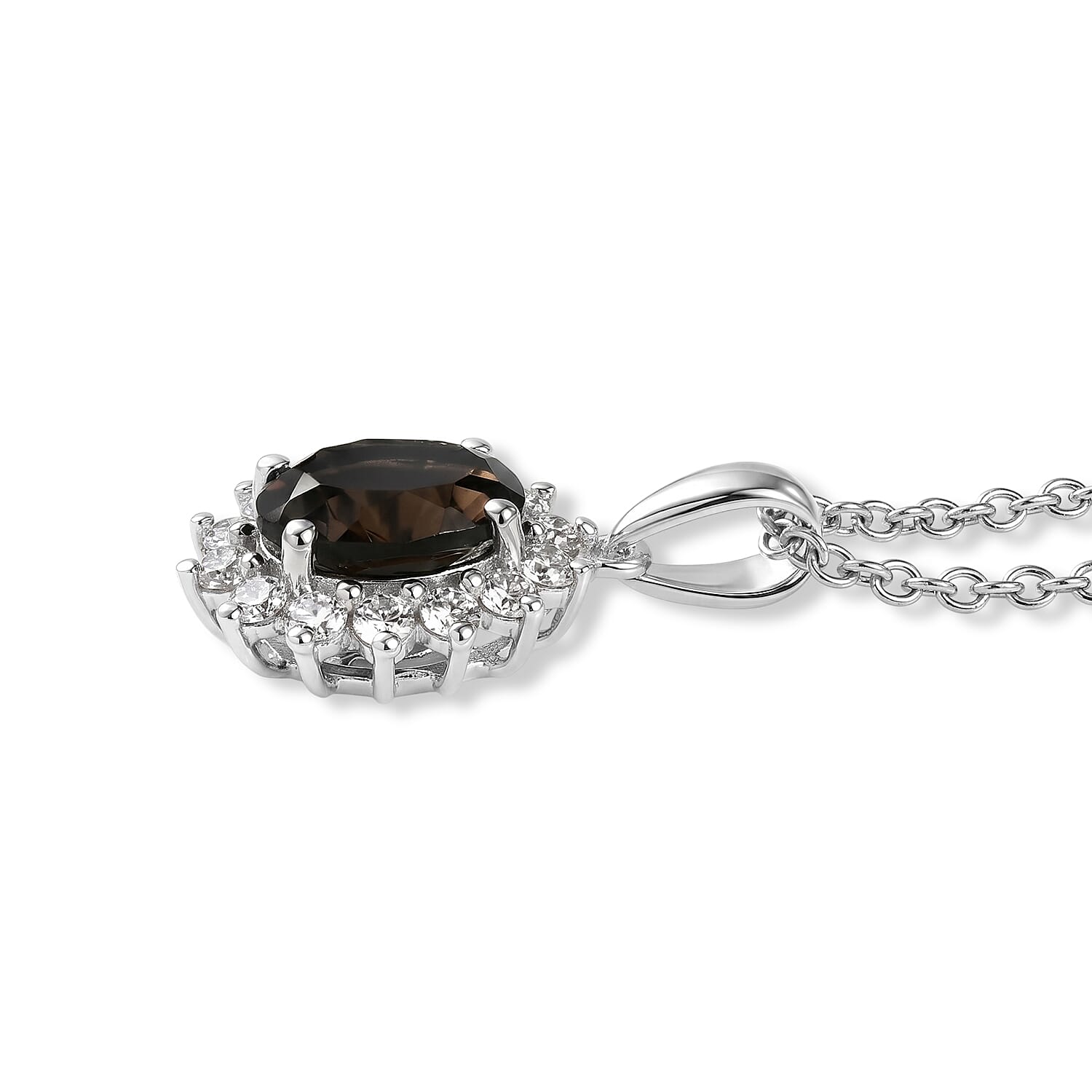 EverTrue Brazilian Smoky Quartz and White Zircon 4.85 ctw Ring (Size 8.00) and Pendant in Platinum Bond with Stainless Steel Necklace 20 Inches