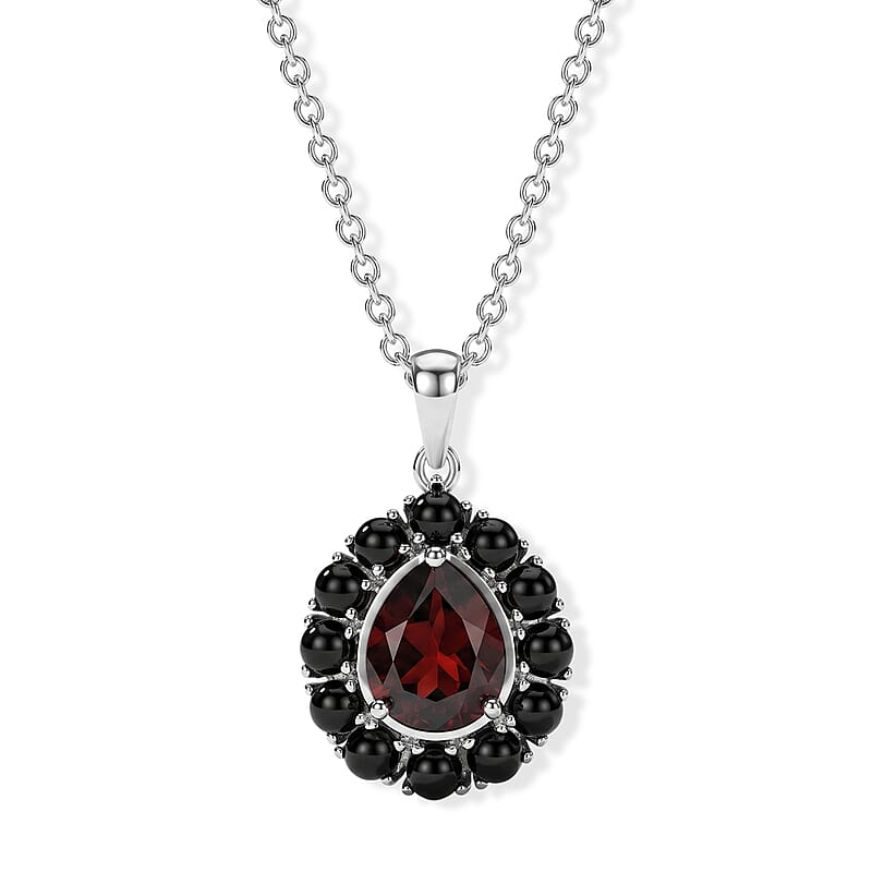 EverTrue Mozambique Garnet and Black Onyx 4.10 ctw Pendant in Platinum Bond with Stainless Steel Necklace (20 Inches)