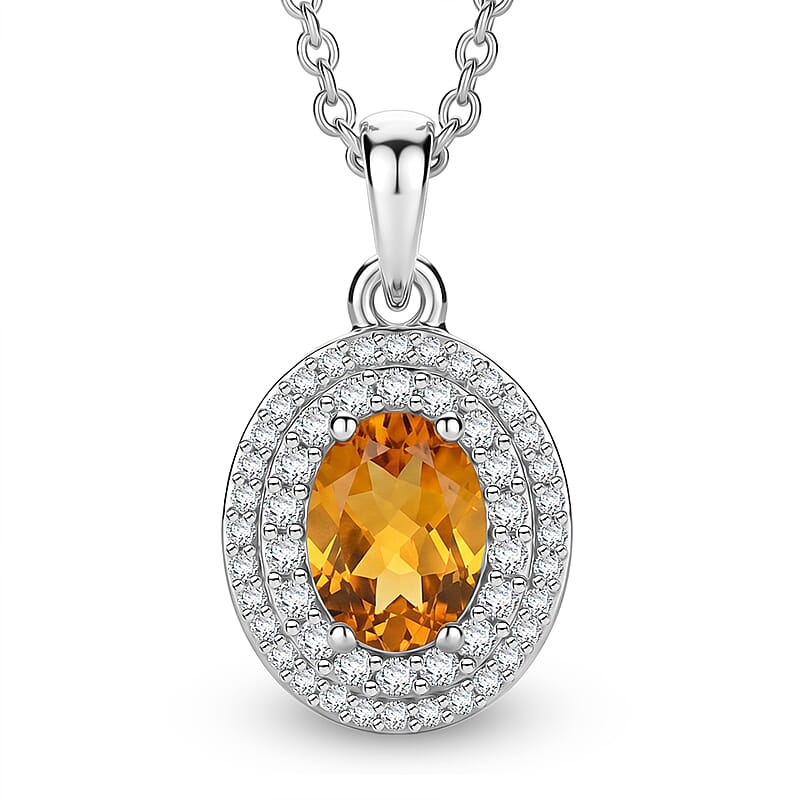 EverTrue Serra Gaucha Citrine and White Zircon 1.60 ctw Pendant in Platinum Bond with Stainless Steel Necklace 20 Inches