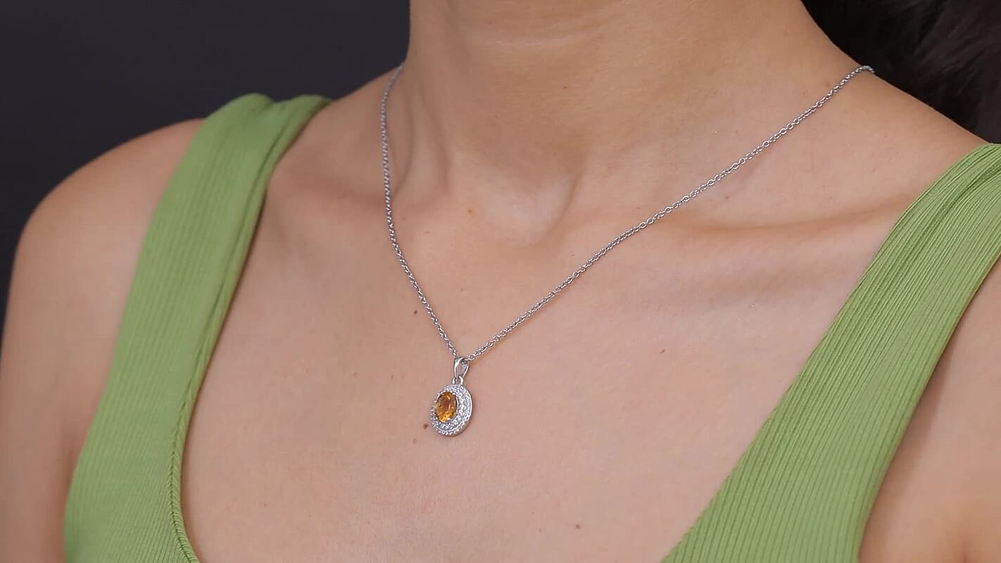 EverTrue Serra Gaucha Citrine and White Zircon 1.60 ctw Pendant in Platinum Bond with Stainless Steel Necklace 20 Inches