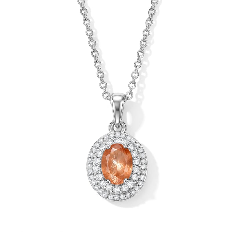 EverTure Tanzanian Sun Stone and White Zircon 1.60 ctw Pendant in Platinum Bond with Stainless Steel Necklace 20 Inches