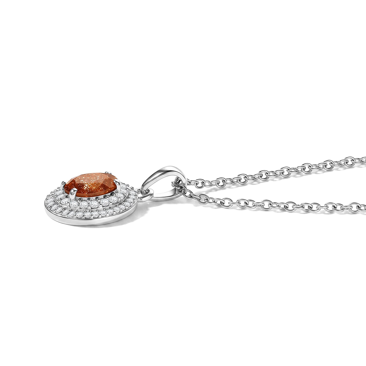 EverTure Tanzanian Sun Stone and White Zircon 1.60 ctw Pendant in Platinum Bond with Stainless Steel Necklace 20 Inches