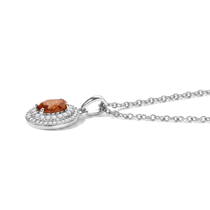 EverTure Tanzanian Sun Stone and White Zircon 1.60 ctw Pendant in Platinum Bond with Stainless Steel Necklace 20 Inches