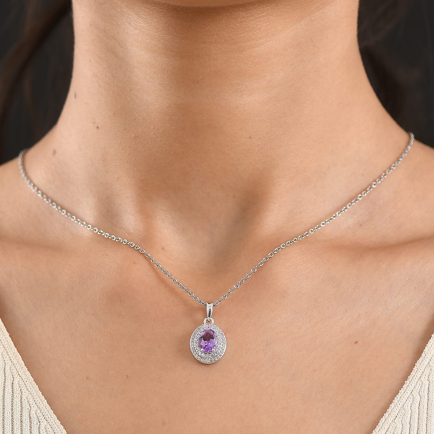 EverTrue Rose De Morocco Amethyst and White Zircon 1.65 ctw Pendant in Platinum Bond with Stainless Steel Necklace 20 Inches
