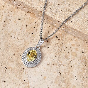 EverTrue Yellow Beryl and White Zircon 1.60 ctw Pendant in Platinum Bond with Stainless Steel Necklace (20 Inches)