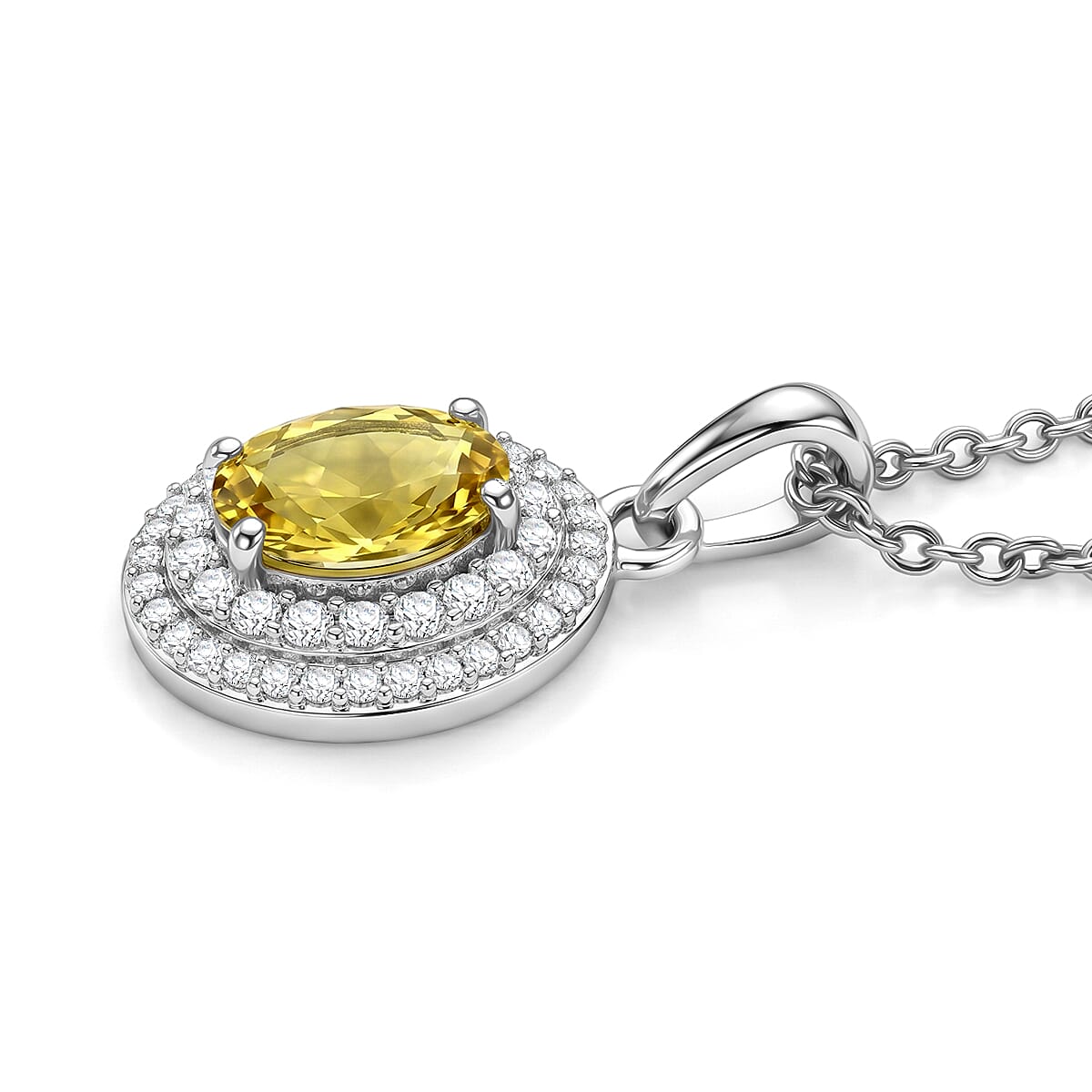EverTrue Yellow Beryl and White Zircon 1.60 ctw Pendant in Platinum Bond with Stainless Steel Necklace (20 Inches)