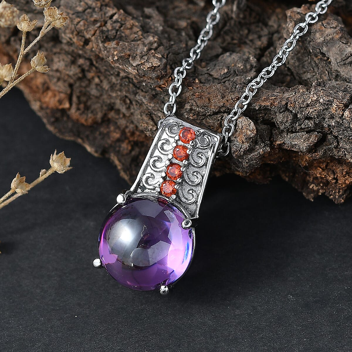 EverTrue Simulated Amethyst Color and Orange Diamond Pendant Necklace in Stainless Steel 20 Inches  image number 1