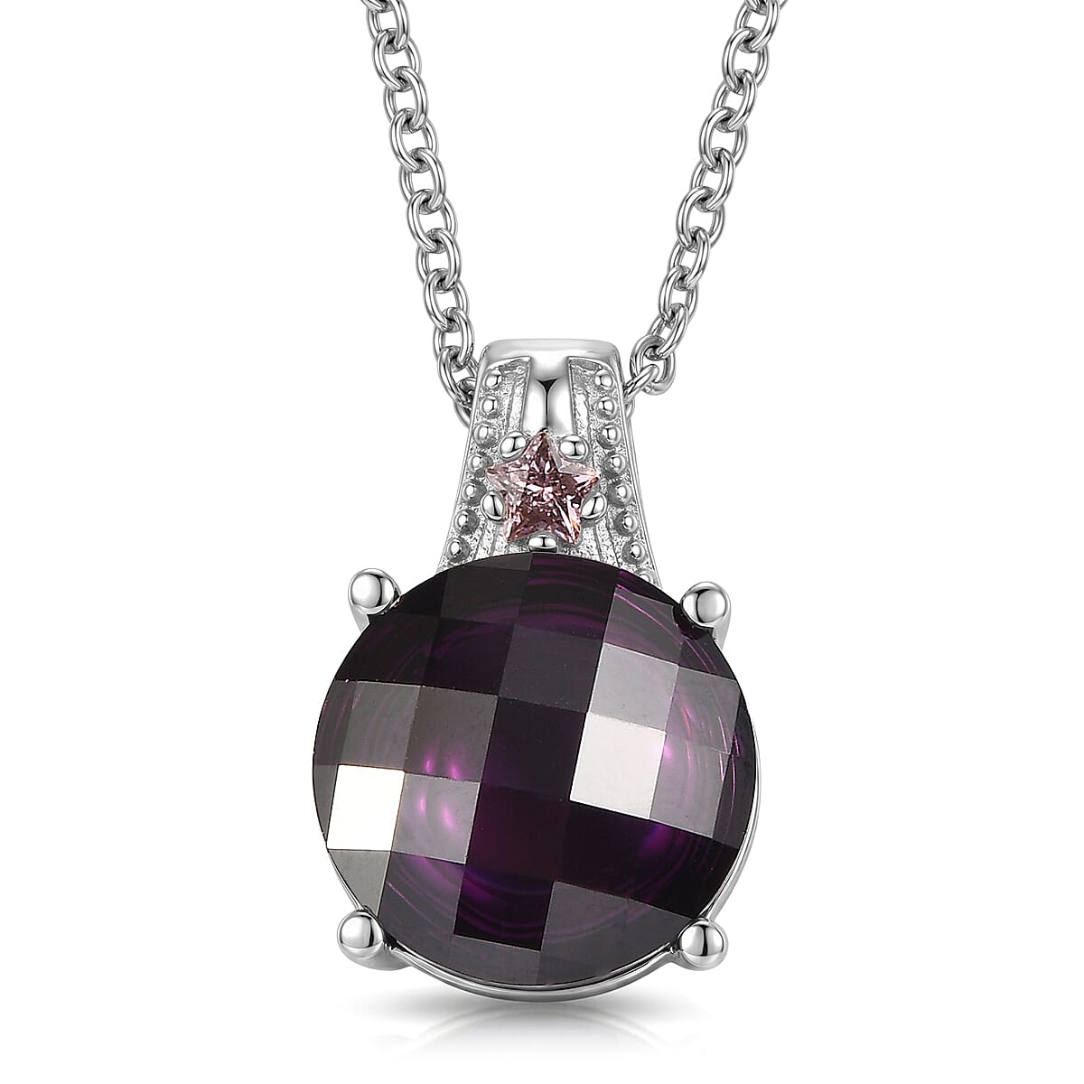 EverTrue Simulated Amethyst Color and Pink Diamond Pendant Necklace in Stainless Steel 20 Inches